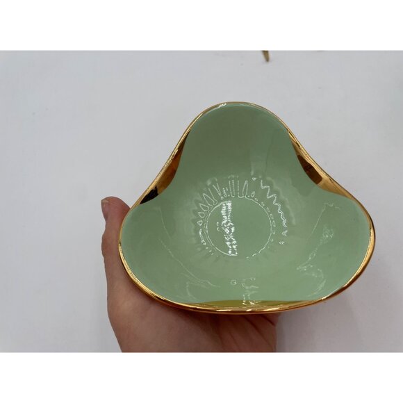 Vintage Figgjo Flint Norway Green & Gold Gravy Boat With Saucer Mid-Century Mode - Picture 5 of 7